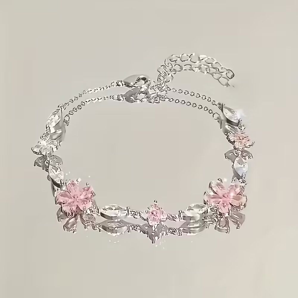 Pink Zirconia Crystal Floral Bracelet Silver Adjustable Gemstone Chain Dainty